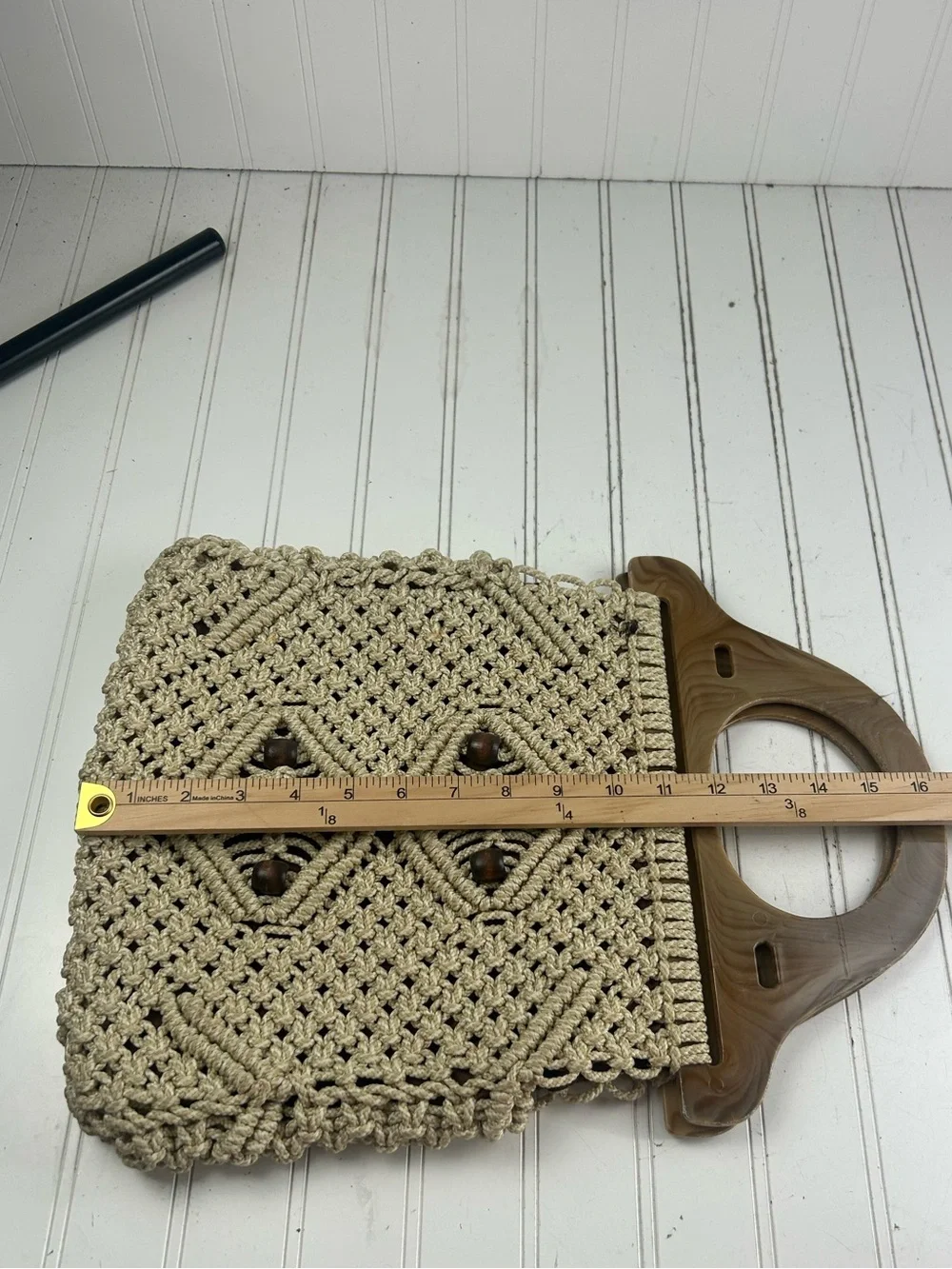 Vintage Y2K Vacation Boho Macrame Beige Woven Pattern Shoulder Bag Purse